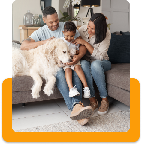 family and dog comfortable in living room